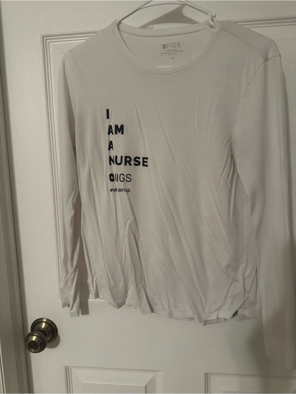 Figs White Long Sleeve Tee with 'I AM A NURSE' Graphic